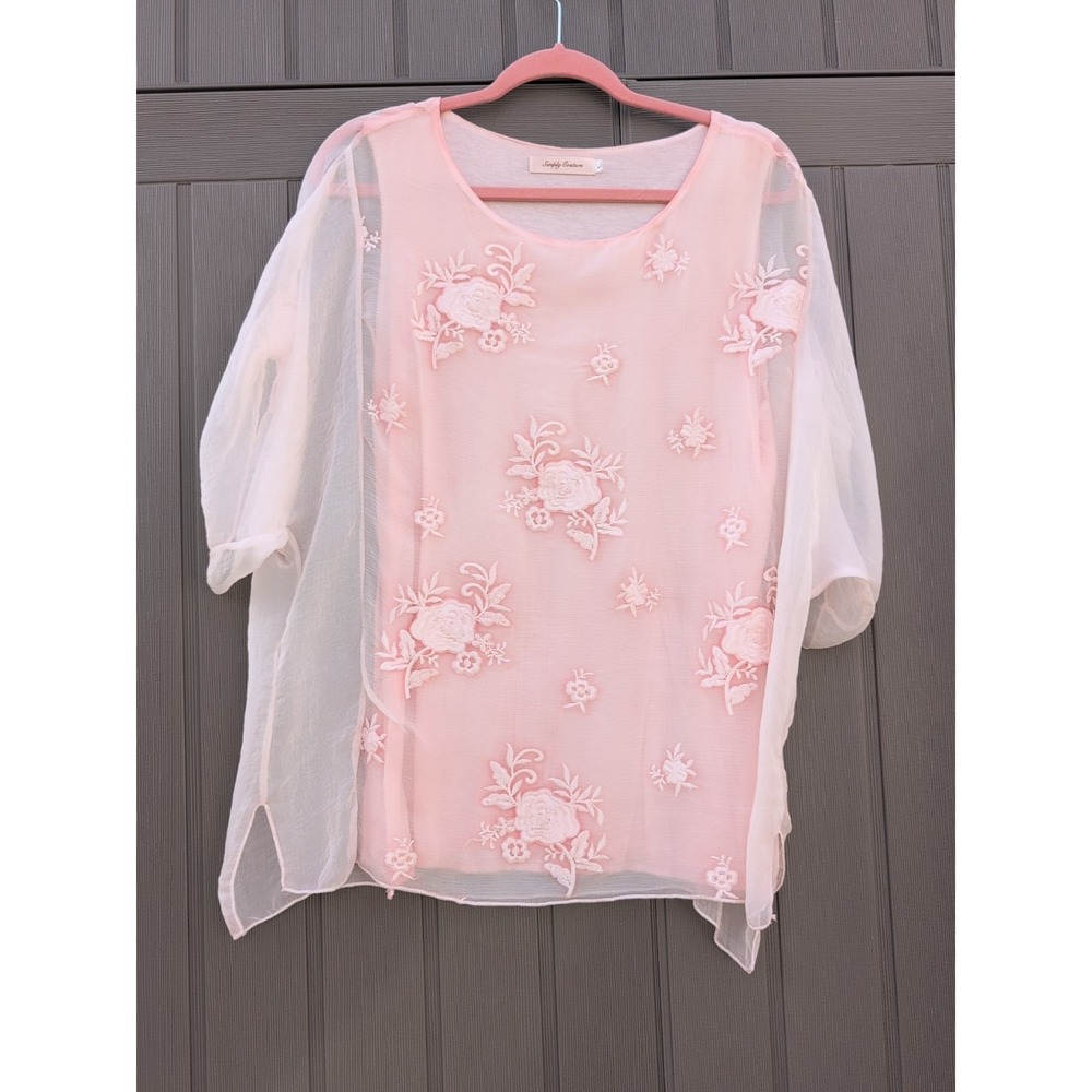 Simply Couture Women's Top Pink Sheer Embroidered Floral Pull On Large‎